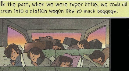 several kids and luggage in back seats with sunset view through the windows: 'In the past...we could all cram into a station wagon like so much baggage'