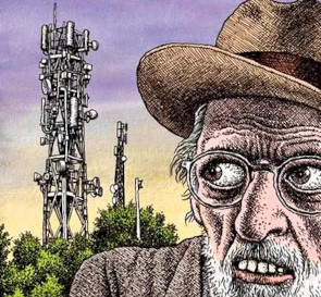 R.Crumb self 
portrait, looking askance at a cell-tower