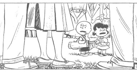 Charlie Brown and Lucy in a forest of adults' lower legs