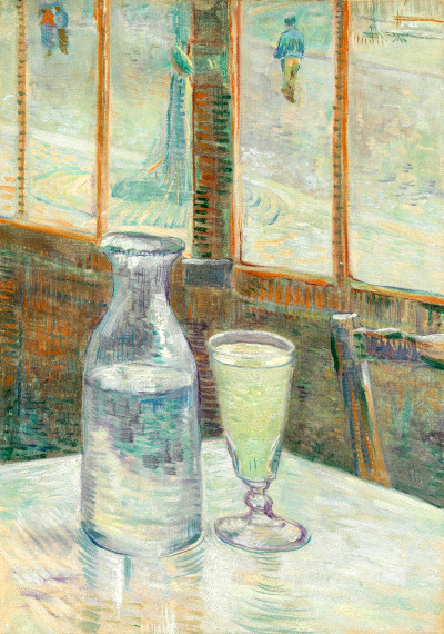 Café Table with Absinthe by Vincent van Gogh,
1887 small table with a carafe of water and a pale green
drink in a glass; some figures visible through the background
window