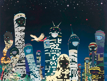 still from Chiho Aoshima's City Glow cartoon skyscrapers,
at night