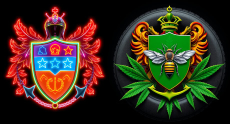 A pair of LLM-generated
Coats of Arms fanciful coats of arms, red on the left with
neon stars and a space helmet, green on the right with MJ leaves
and a honeybee