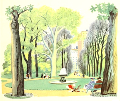 watercolor view of a fountain in a park