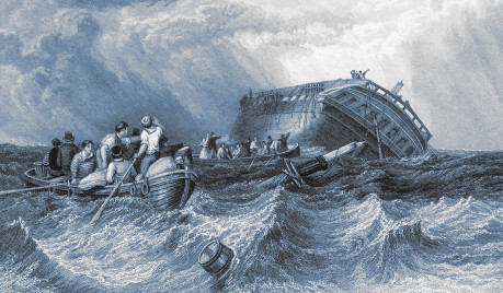 Abandoning the Circassian A ship tilted on its starboard side is seen slowly sinking into a
choppy sea. Most of the crew and passengers have taken refuge in two
lifeboats, rowing away from the wreck amidst floating debris, unable to
rescue the few who remain trapped on board
