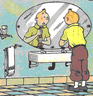 Tintin looking in a mirror, adjusting his tie