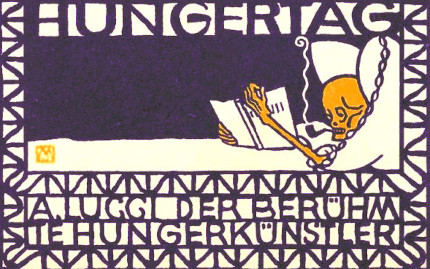 A.Lucci the Famous Hunger Artist woodcut of a skeletal figure in bed, reading
and smoking