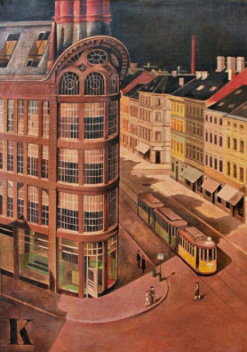 Out My Window by Hanns Kralik, 1930 painting of an acute city corner with a yellow tram