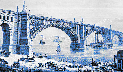 Eads Bridge engraving of a mighty bridge over the Mississippi River in St. Louis