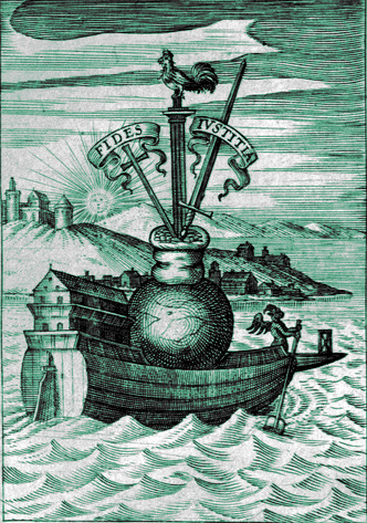 woodcut of a small ship 
carrying a vessle holding three swords, the central 
blade surmounted by a chicken, labeled with a 
'Fides Ivstitia' banner