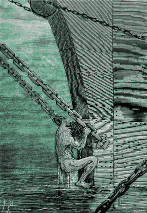 A naked man pulls himself 
up from the water using the chains of the ship he intends to board 
surreptitiously