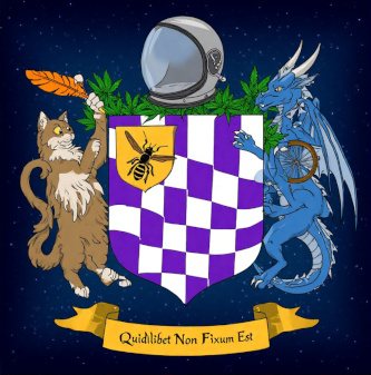 AI output when prompted with 'Generate a 
heraldic device: on a dark blue starry background, 
a purple-and-white checked escutcheon 
with a honeybee charge, supported by a cat on the 
left clutching an orange feather while a blue 
dragon to the right holds a bicycle wheel; and a 
mantle of Marijuana leaves, surmounted by an 
empty space helmet. The motto, underneath, 
Quidlibet Non Fixum Est' 
(anything that ain't nailed down)