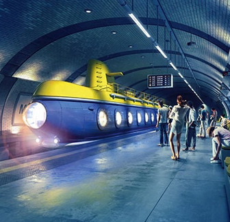 Swatch Scuba Libre Blue and
yellow submarine (instead of a train) with passengers boarding on
an underground subway platform